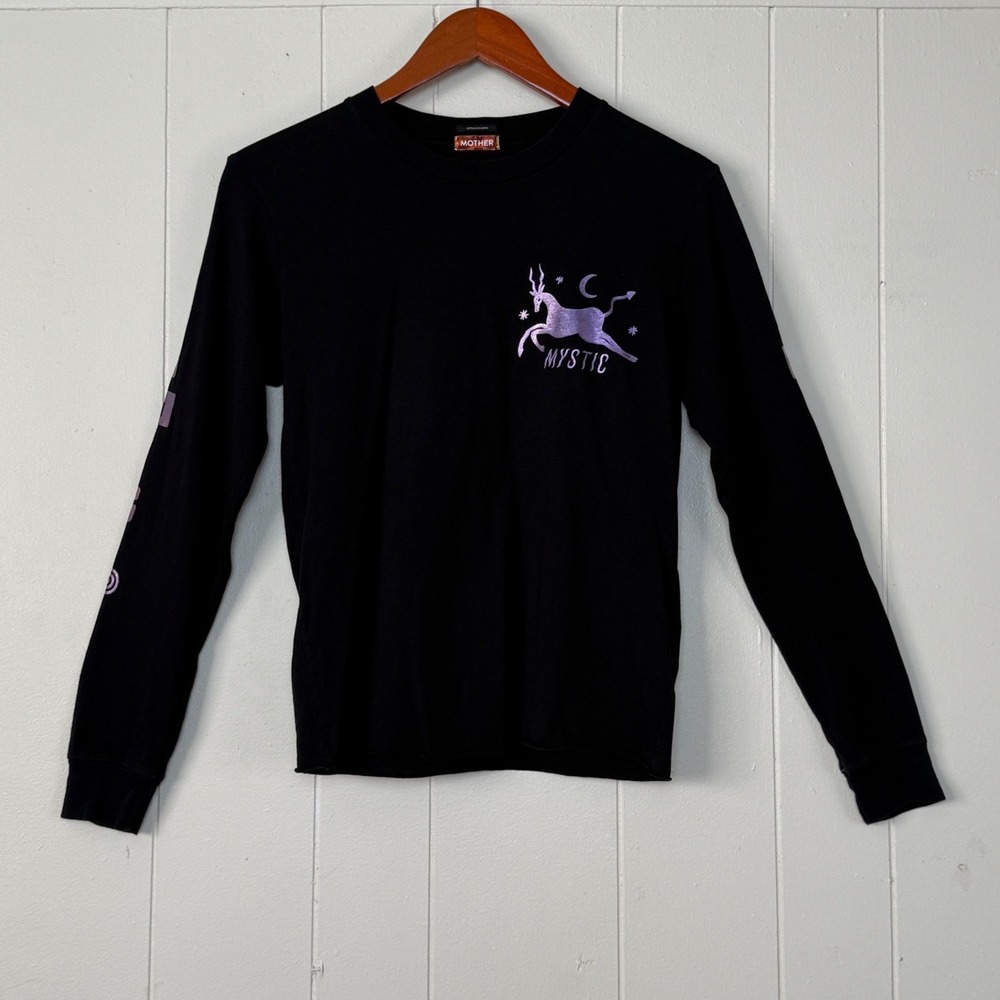 MOTHER Womens Black Mystic Boxy Graphic Long Sleeve Tee Size XS Witchy Goth Boho